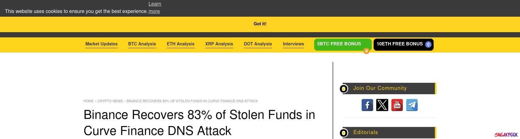 Read the full Article:  ⭲ Binance Recovers 83% of Stolen Funds in Curve Finance DNS Attack