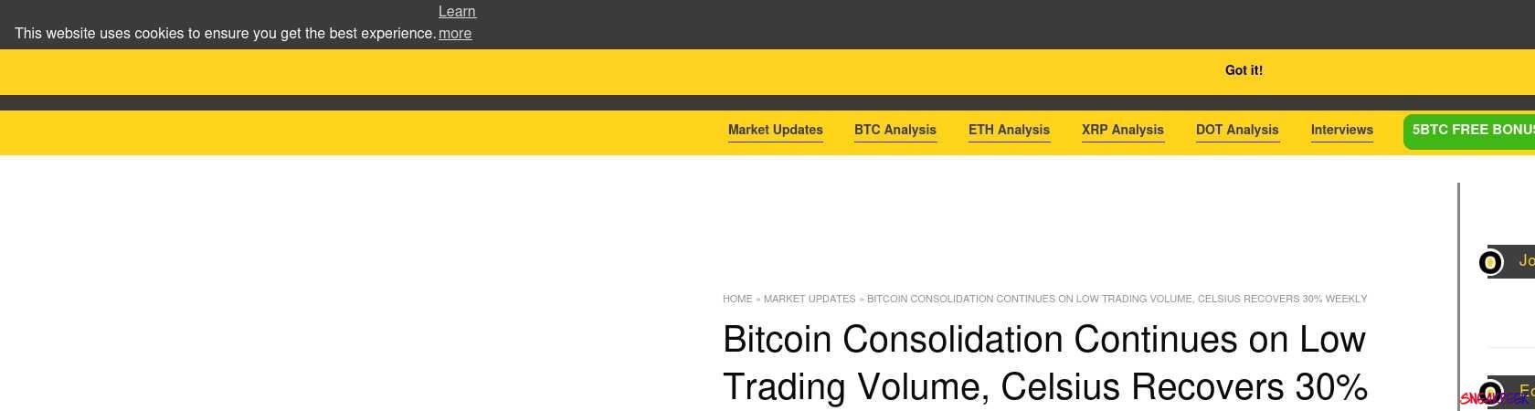 Read the full Article:  ⭲ Bitcoin Consolidation Continues on Low Trading Volume, Celsius Recovers 30% Weekly
