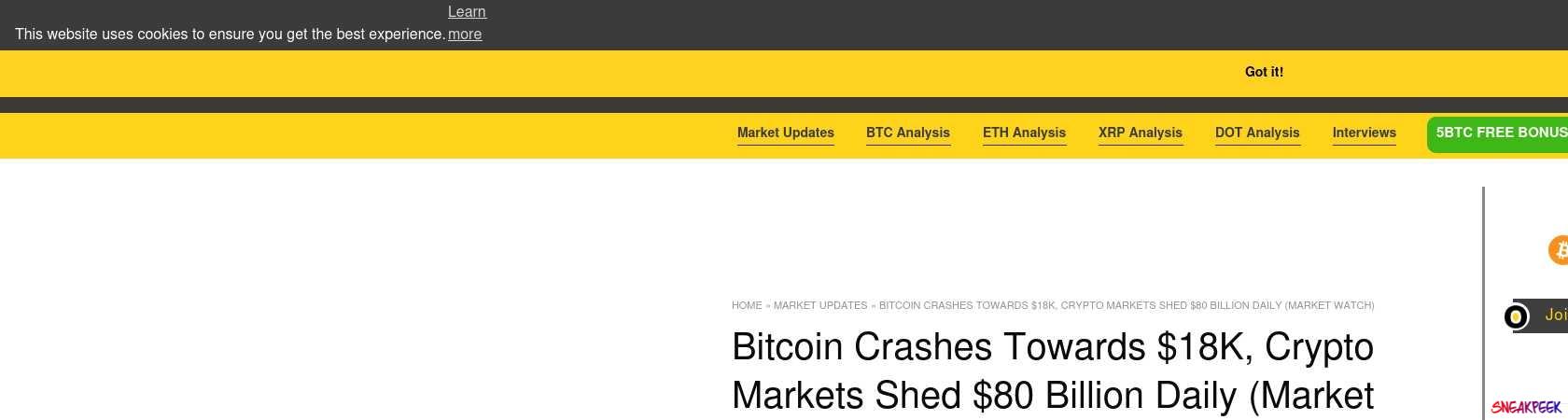 Read the full Article:  ⭲ Bitcoin Crashes Towards $18K, Crypto Markets Shed $80 Billion Daily (Market Watch)