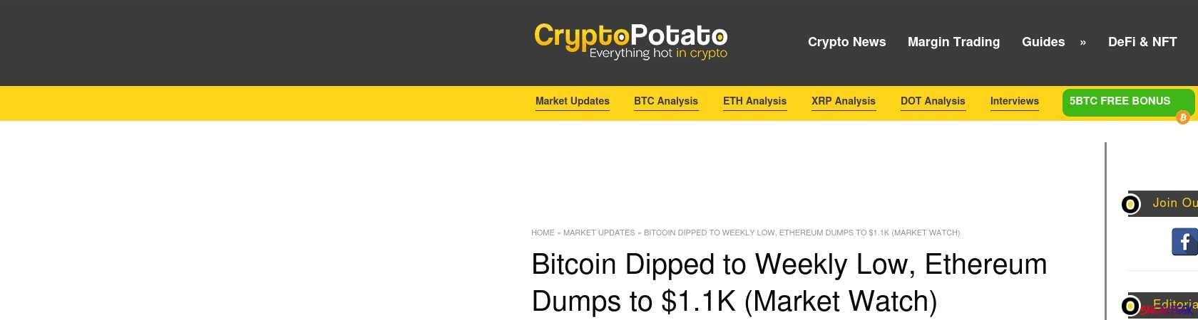 Read the full Article:  ⭲ Bitcoin Dipped to Weekly Low, Ethereum Dumps to $1.1K (Market Watch)