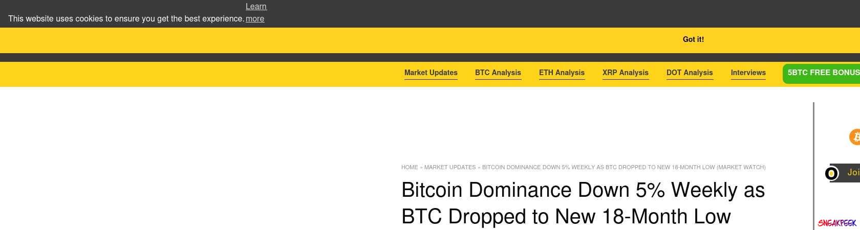 Read the full Article:  ⭲ Bitcoin Dominance Down 5% Weekly as BTC Dropped to New 18-Month Low (Market Watch)