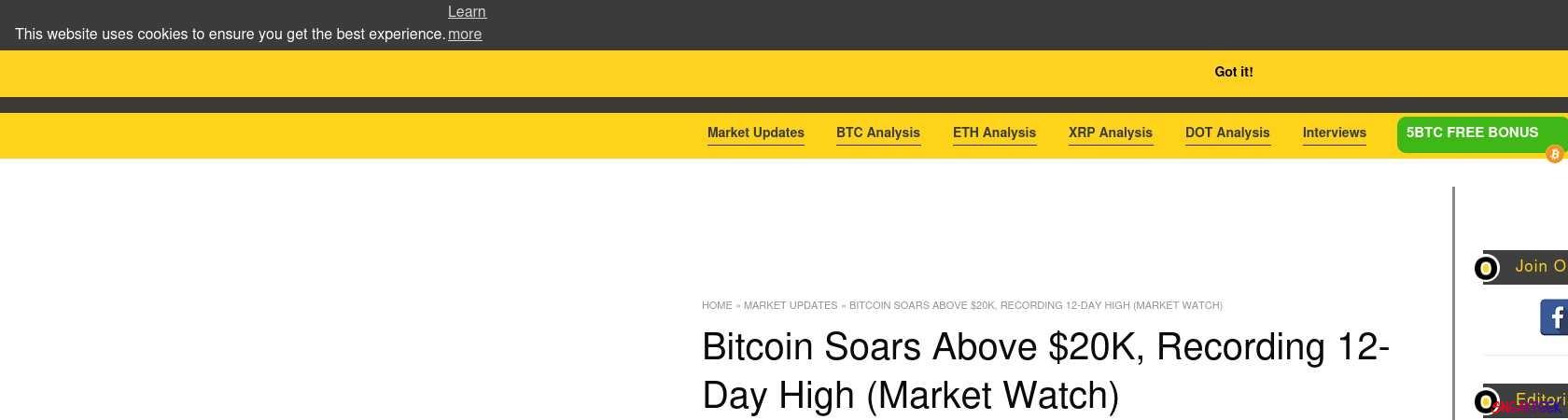 Read the full Article:  ⭲ Bitcoin Soars Above $20K, Recording 12-Day High (Market Watch)