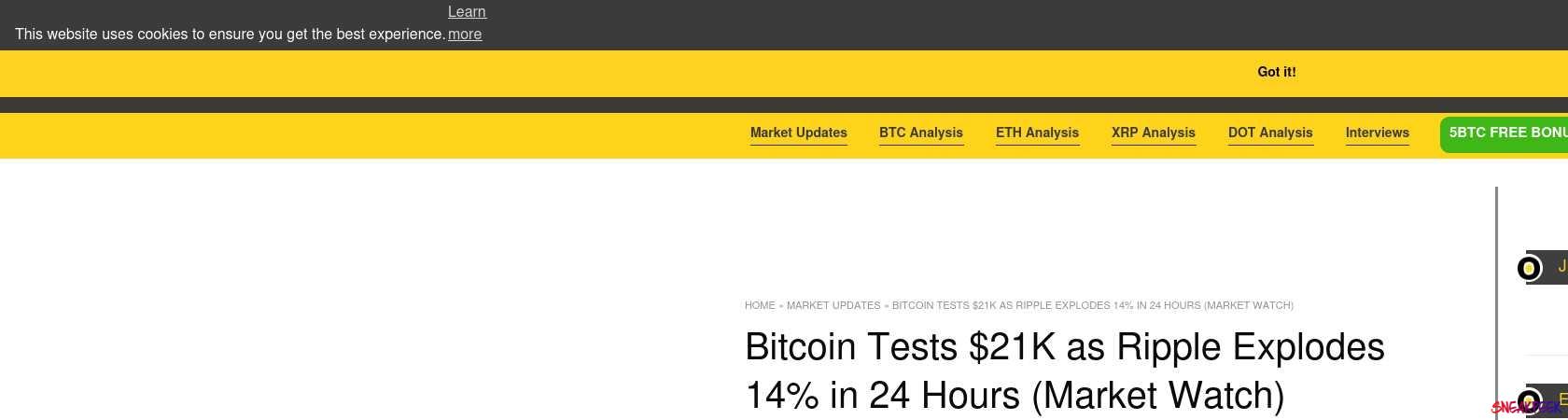 Read the full Article:  ⭲ Bitcoin Tests $21K as Ripple Explodes 14% in 24 Hours (Market Watch)