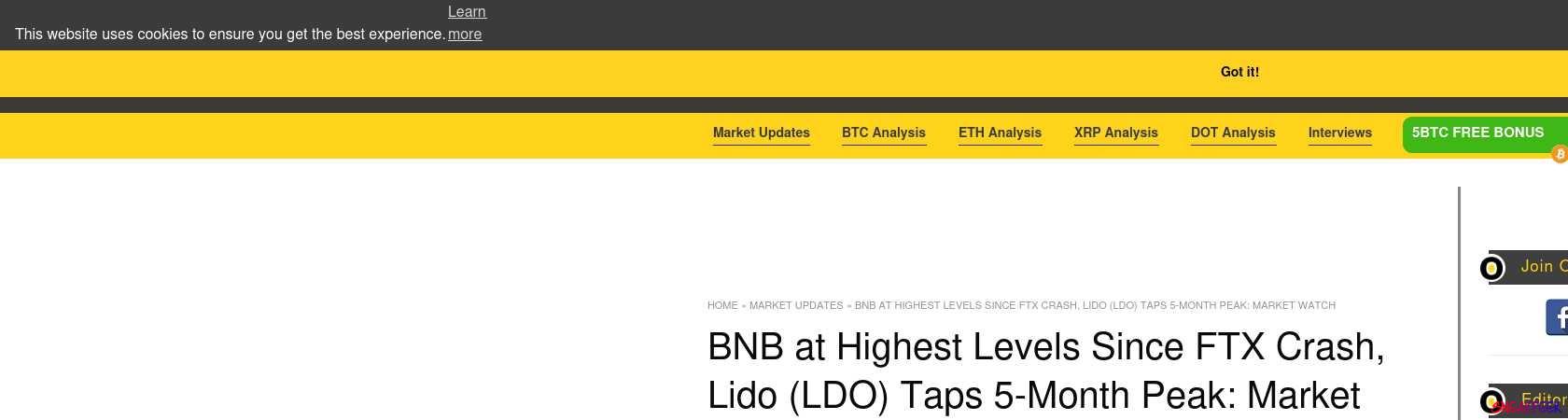 Read the full Article:  ⭲ BNB at Highest Levels Since FTX Crash, Lido (LDO) Taps 5-Month Peak: Market Watch