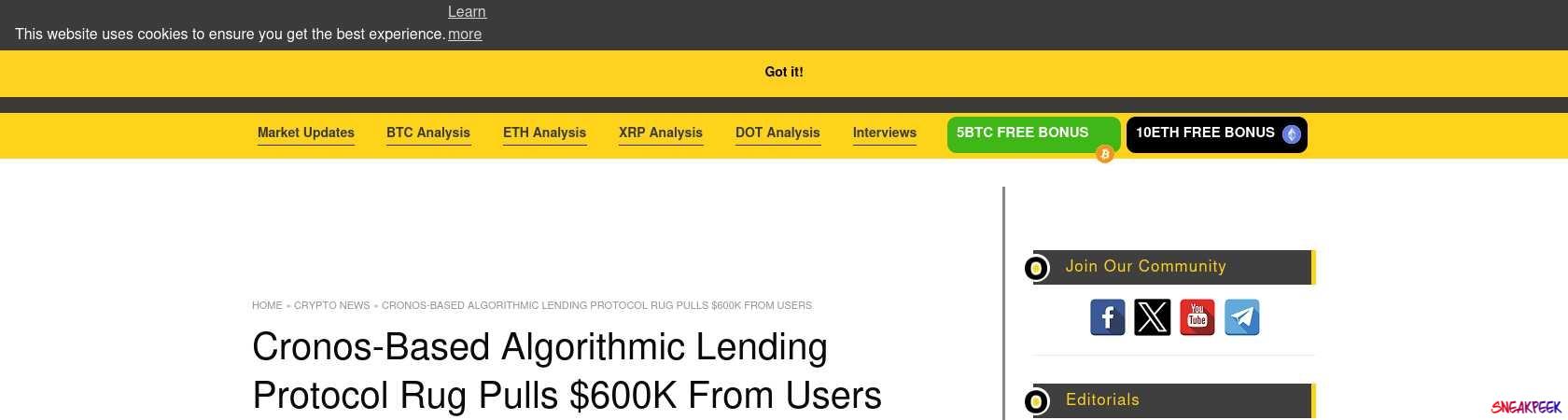 Read the full Article:  ⭲ Cronos-Based Algorithmic Lending Protocol Rug Pulls $600K From Users