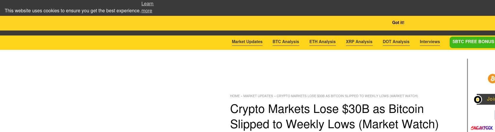 Read the full Article:  ⭲ Crypto Markets Lose $30B as Bitcoin Slipped to Weekly Lows (Market Watch)