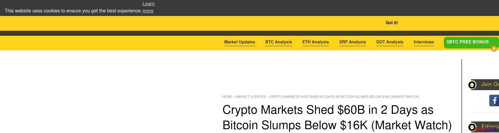 Read the full Article:  ⭲ Crypto Markets Shed $60B in 2 Days as Bitcoin Slumps Below $16K (Market Watch)