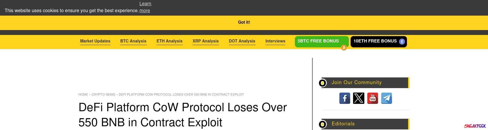 Read the full Article:  ⭲ DeFi Platform CoW Protocol Loses Over 550 BNB in Contract Exploit
