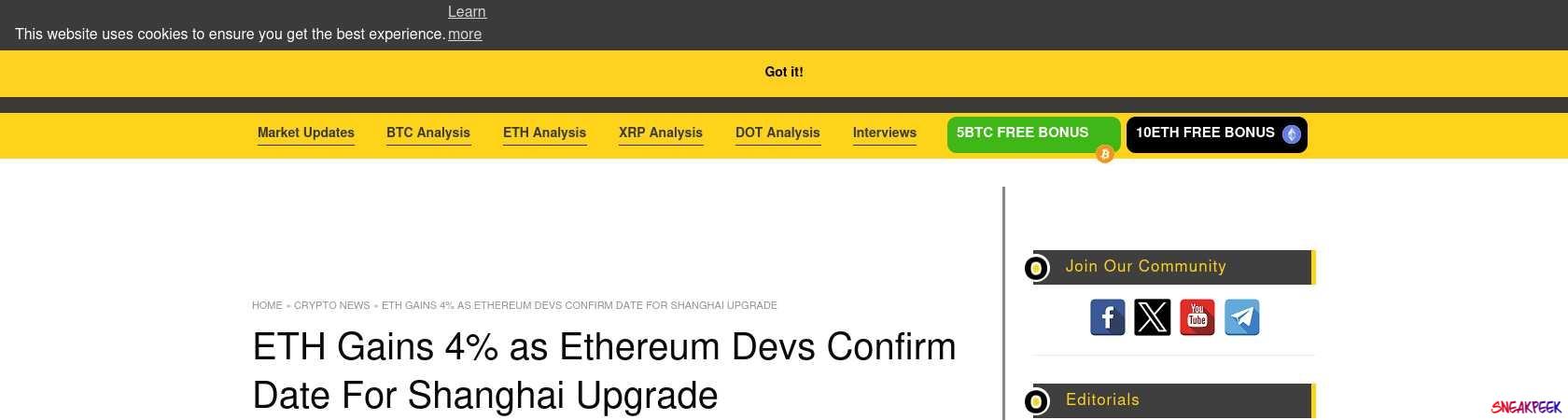Read the full Article:  ⭲ ETH Gains 4% as Ethereum Devs Confirm Date For Shanghai Upgrade