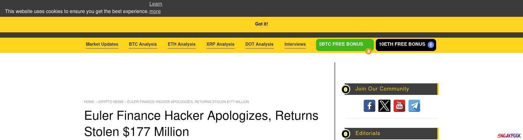 Read the full Article:  ⭲ Euler Finance Hacker Apologizes, Returns Stolen $177 Million