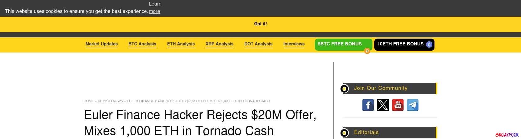 Read the full Article:  ⭲ Euler Finance Hacker Rejects $20M Offer, Mixes 1,000 ETH in Tornado Cash