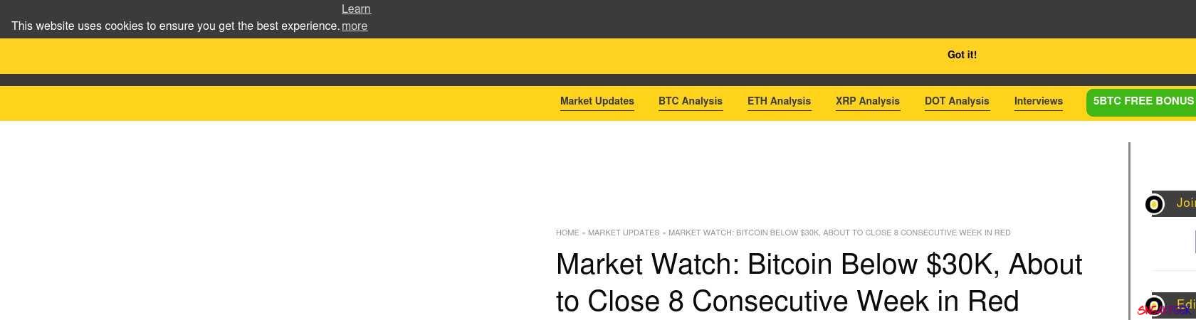 Read the full Article:  ⭲ Market Watch: Bitcoin Below $30K, About to Close 8 Consecutive Week in Red