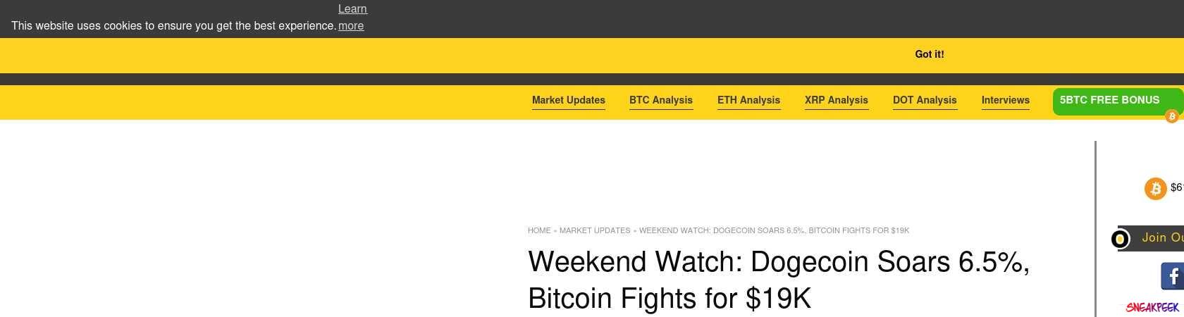 Read the full Article:  ⭲ Weekend Watch: Dogecoin Soars 6.5%, Bitcoin Fights for $19K