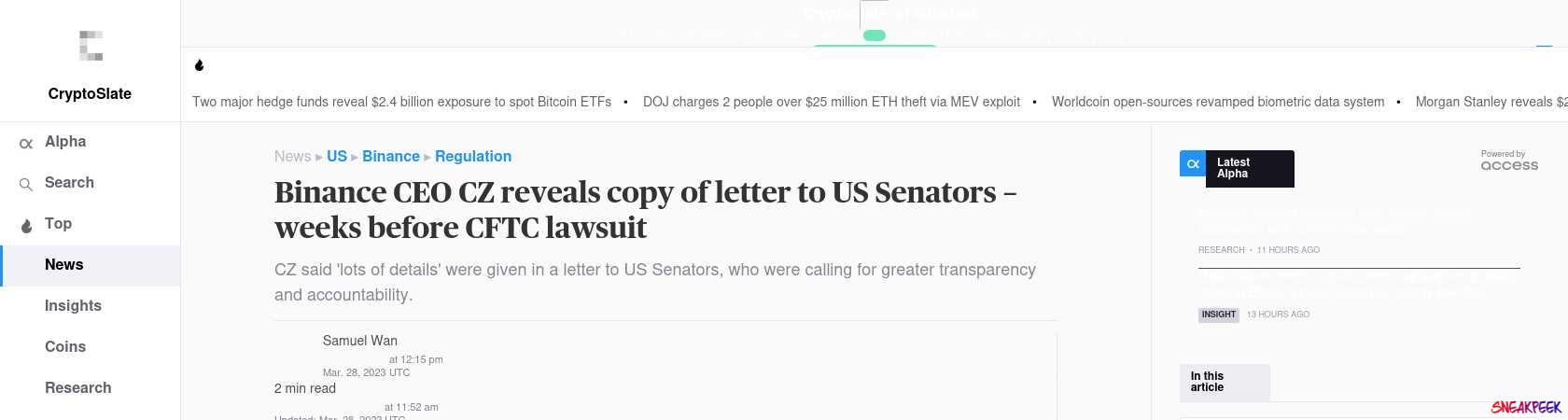 Read the full Article:  ⭲ Binance CEO CZ reveals copy of letter to US Senators – weeks before CFTC lawsuit