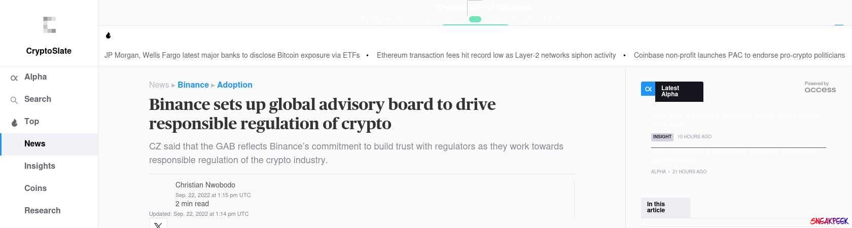 Read the full Article:  ⭲ Binance sets up global advisory board to drive responsible regulation of crypto