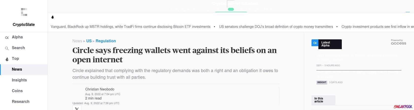 Read the full Article:  ⭲ Circle says freezing wallets went against its beliefs on an open internet