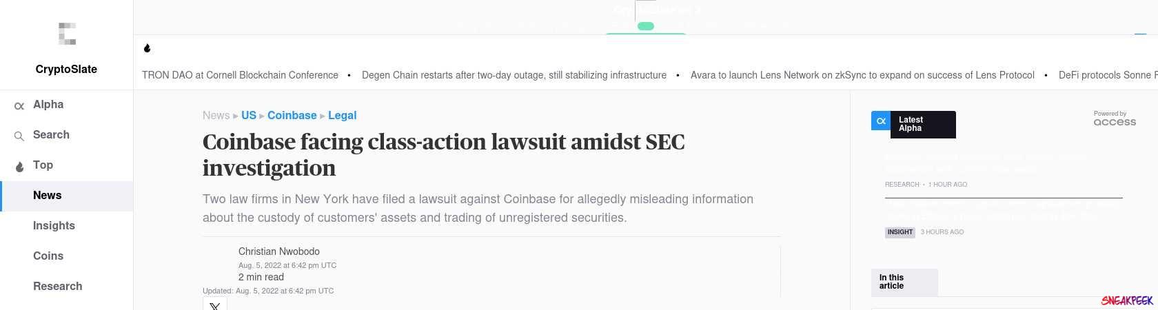Read the full Article:  ⭲ Coinbase facing class-action lawsuit amidst SEC investigation