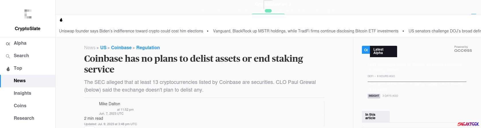 Read the full Article:  ⭲ Coinbase has no plans to delist assets or end staking service