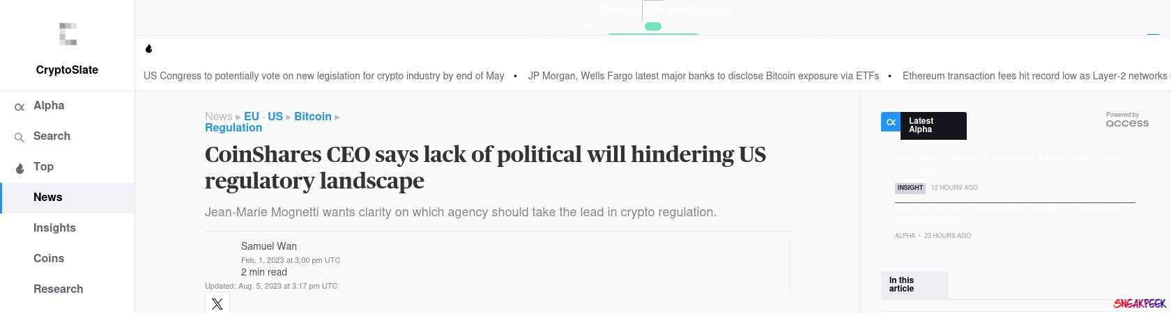 Read the full Article:  ⭲ CoinShares CEO says lack of political will hindering US regulatory landscape