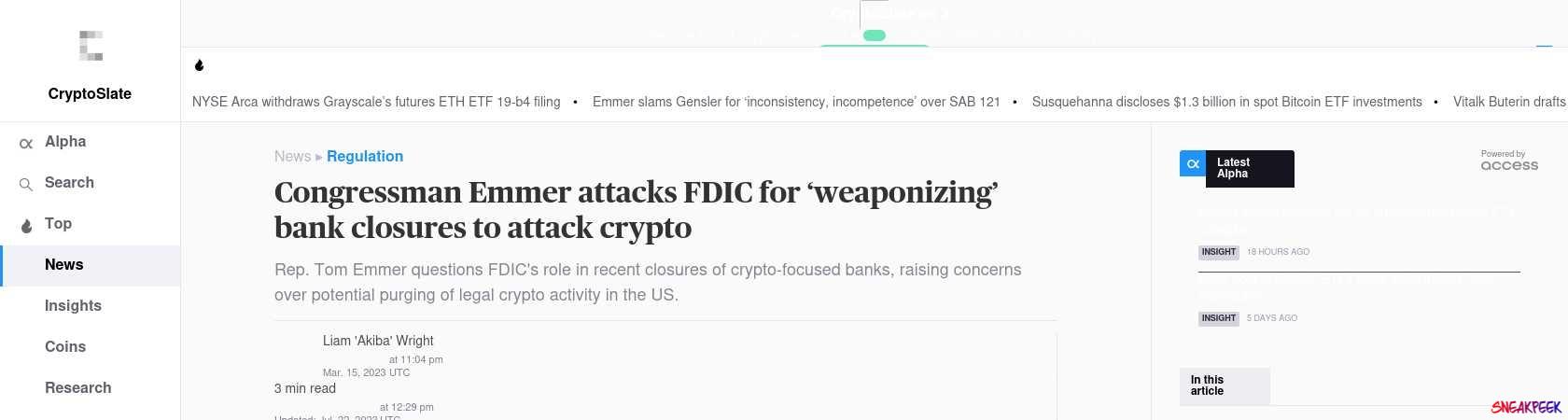 Read the full Article:  ⭲ Congressman Emmer attacks FDIC for ‘weaponizing’ bank closures to attack crypto