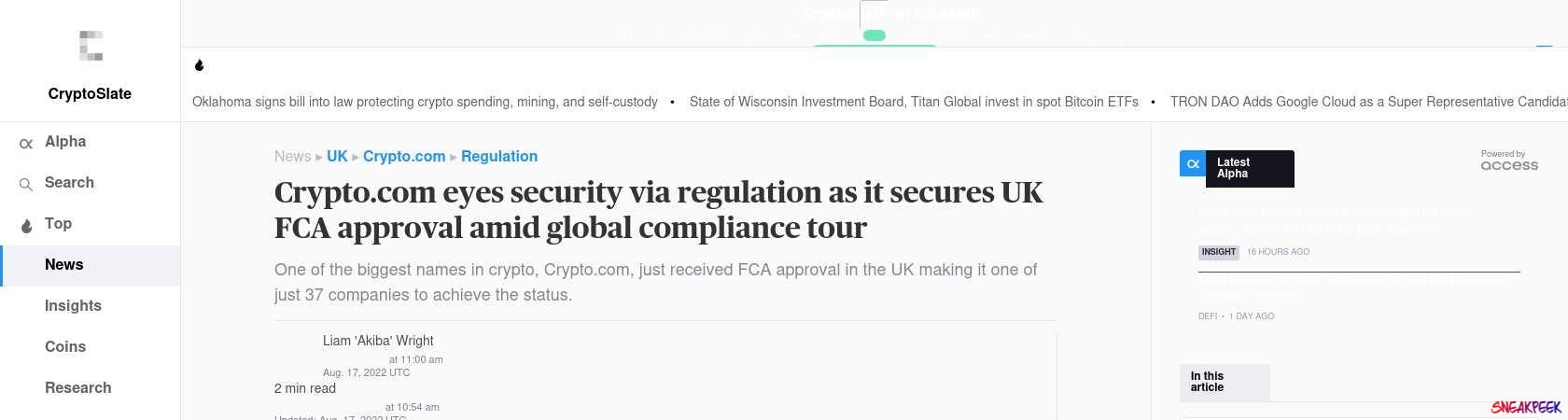 Read the full Article:  ⭲ Crypto.com eyes security via regulation as it secures UK FCA approval amid global compliance tour