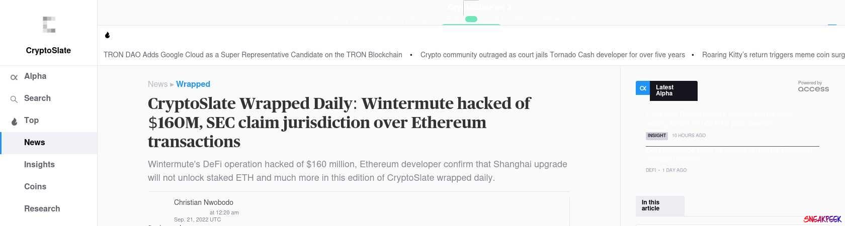 Read the full Article:  ⭲ CryptoSlate Wrapped Daily: Wintermute hacked of $160M, SEC claim jurisdiction over Ethereum transactions