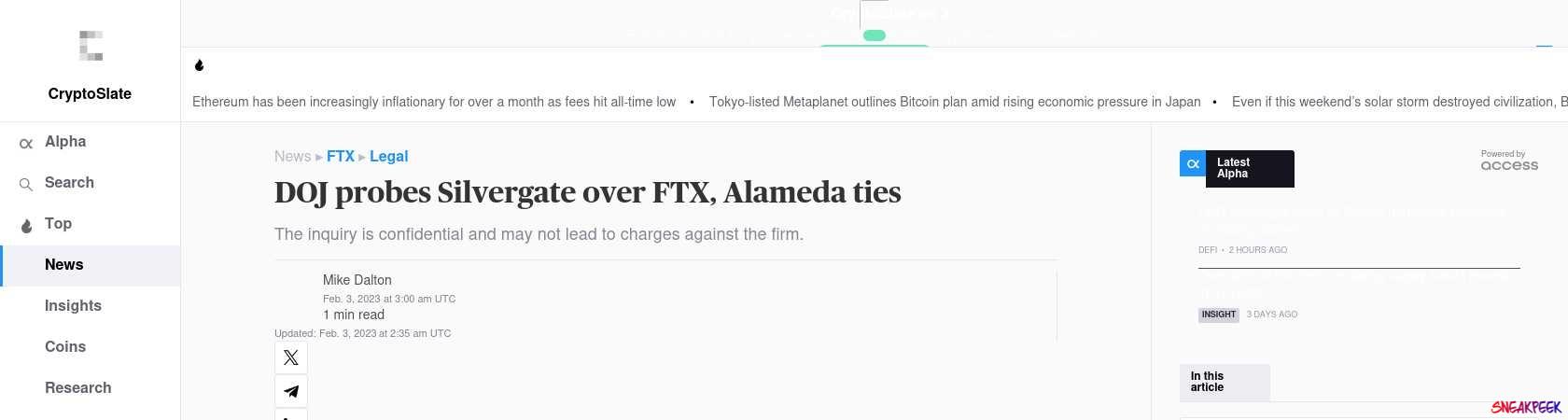 Read the full Article:  ⭲ DOJ probes Silvergate over FTX, Alameda ties