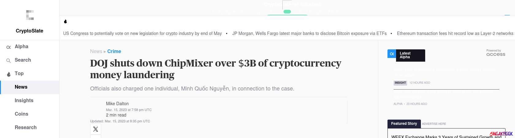 Read the full Article:  ⭲ DOJ shuts down ChipMixer over $3B of cryptocurrency money laundering