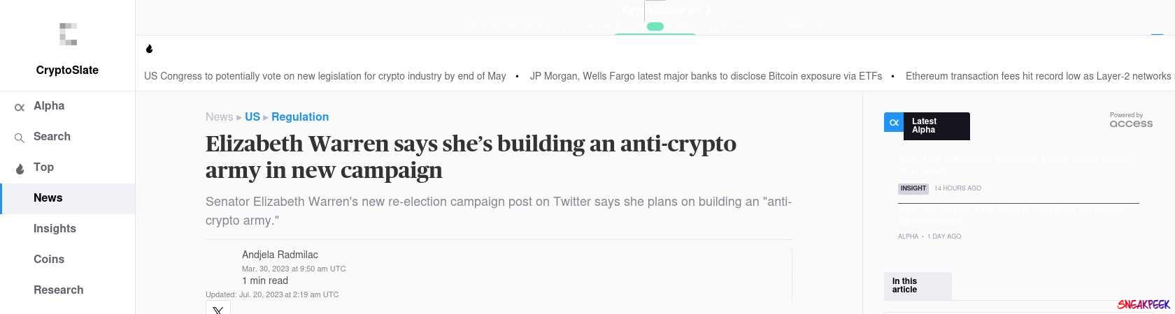 Read the full Article:  ⭲ Elizabeth Warren says she’s building an anti-crypto army in new campaign