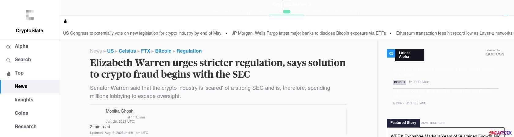 Read the full Article:  ⭲ Elizabeth Warren urges stricter regulation, says solution to crypto fraud begins with the SEC