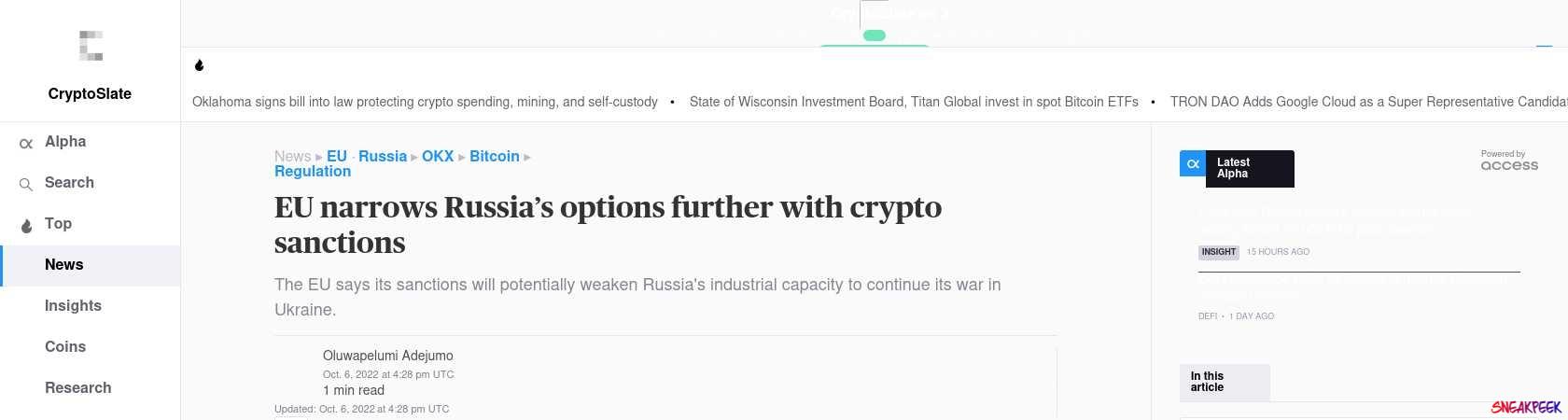 Read the full Article:  ⭲ EU narrows Russia’s options further with crypto sanctions