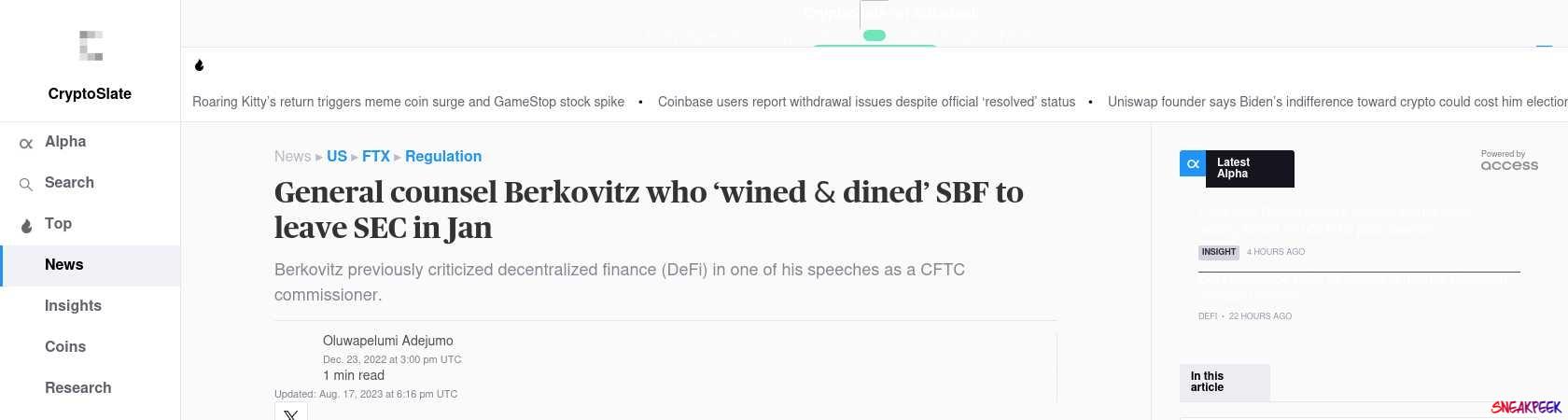 Read the full Article:  ⭲ General counsel Berkovitz who ‘wined & dined’ SBF to leave SEC in Jan
