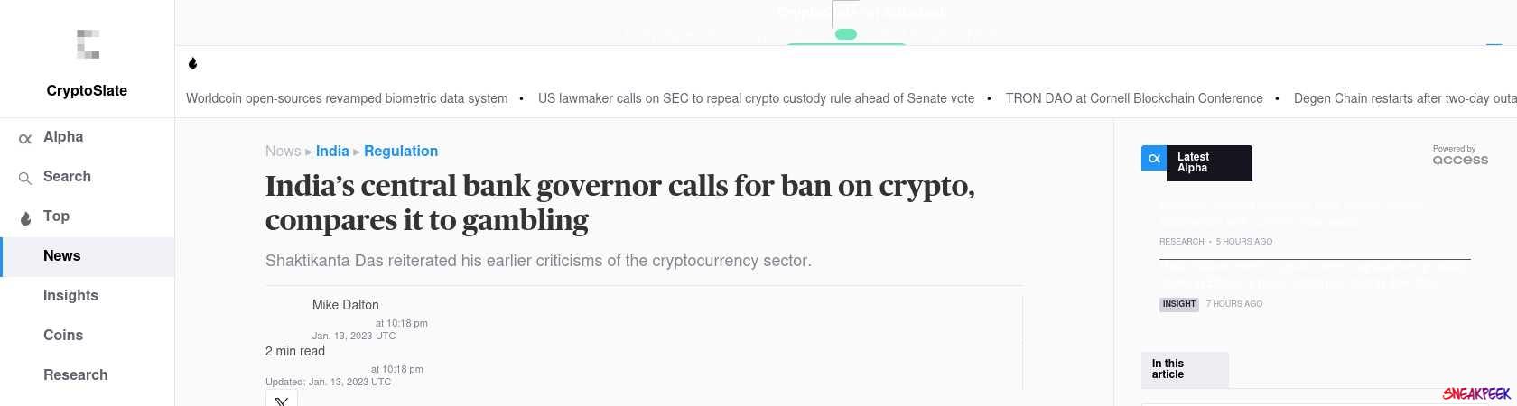 Read the full Article:  ⭲ India’s central bank governor calls for ban on crypto, compares it to gambling