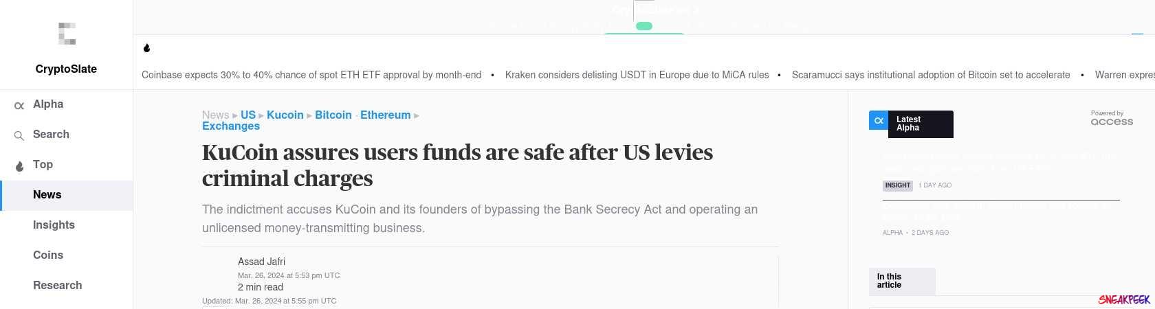 Read the full Article:  ⭲ KuCoin assures users funds are safe after US levies criminal charges