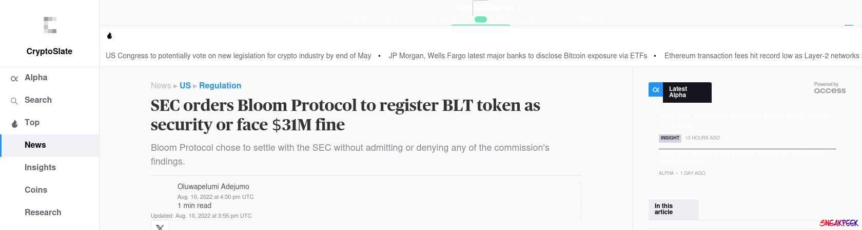 Read the full Article:  ⭲ SEC orders Bloom Protocol to register BLT token as security or face $31M fine