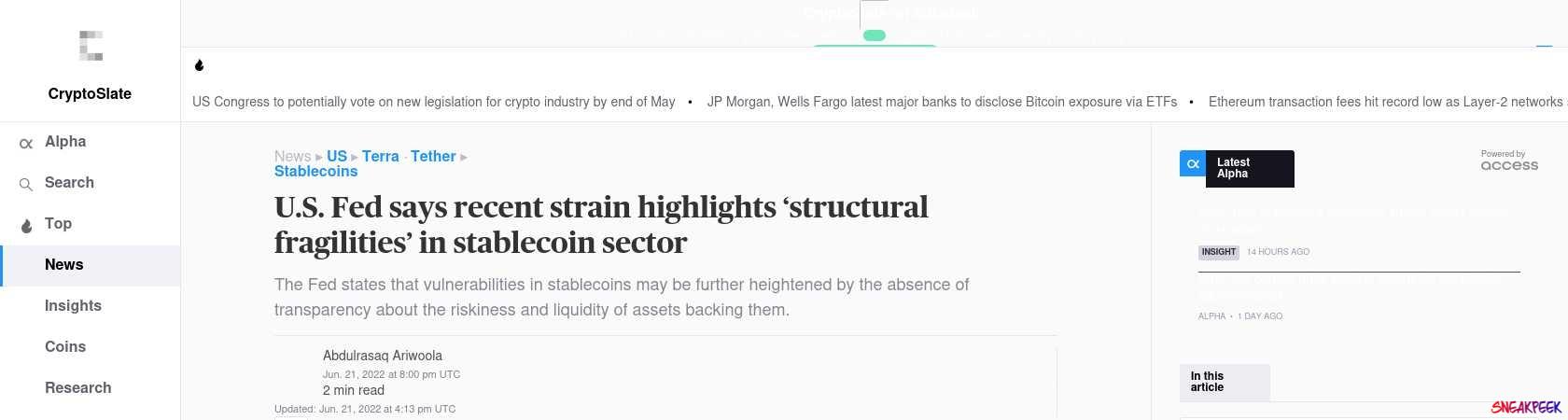 Read the full Article:  ⭲ U.S. Fed says recent strain highlights ‘structural fragilities’ in stablecoin sector