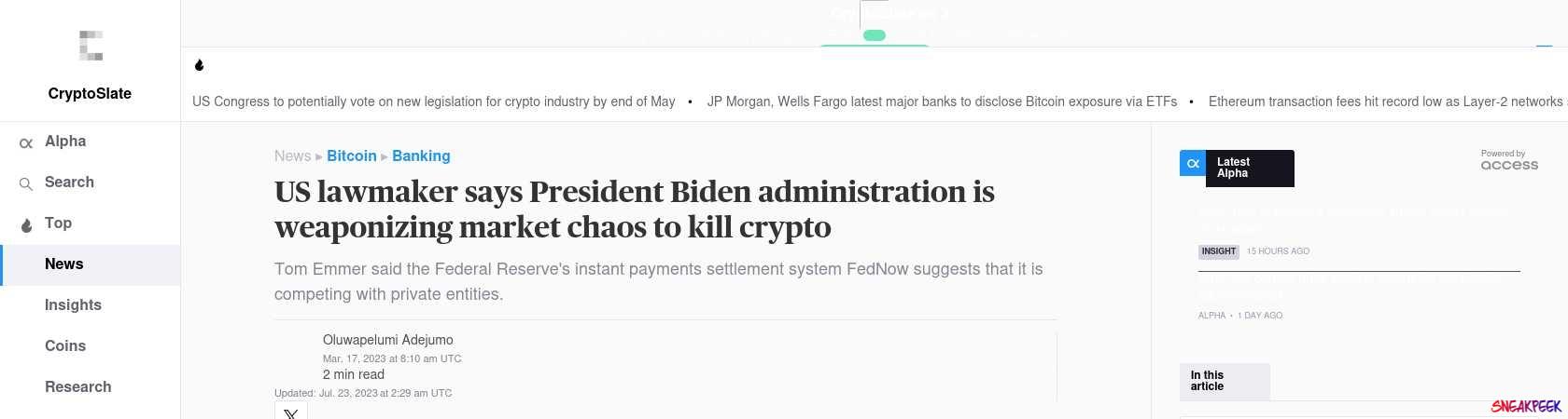 Read the full Article:  ⭲ US lawmaker says President Biden administration is weaponizing market chaos to kill crypto