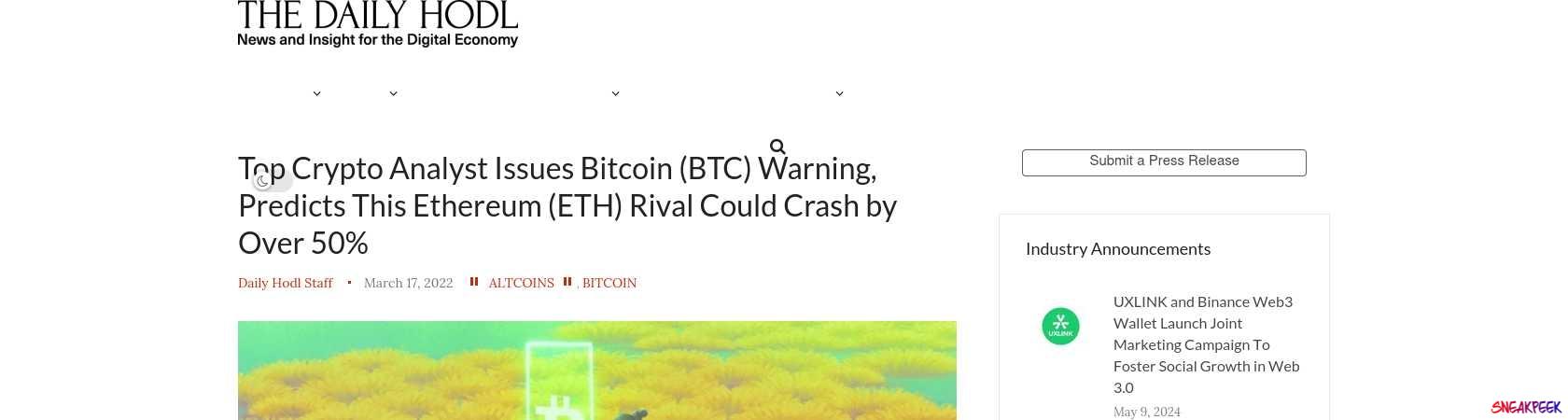 Read the full Article:  ⭲ Top Crypto Analyst Issues Bitcoin (BTC) Warning, Predicts This Ethereum (ETH) Rival Could Crash by Over 50%