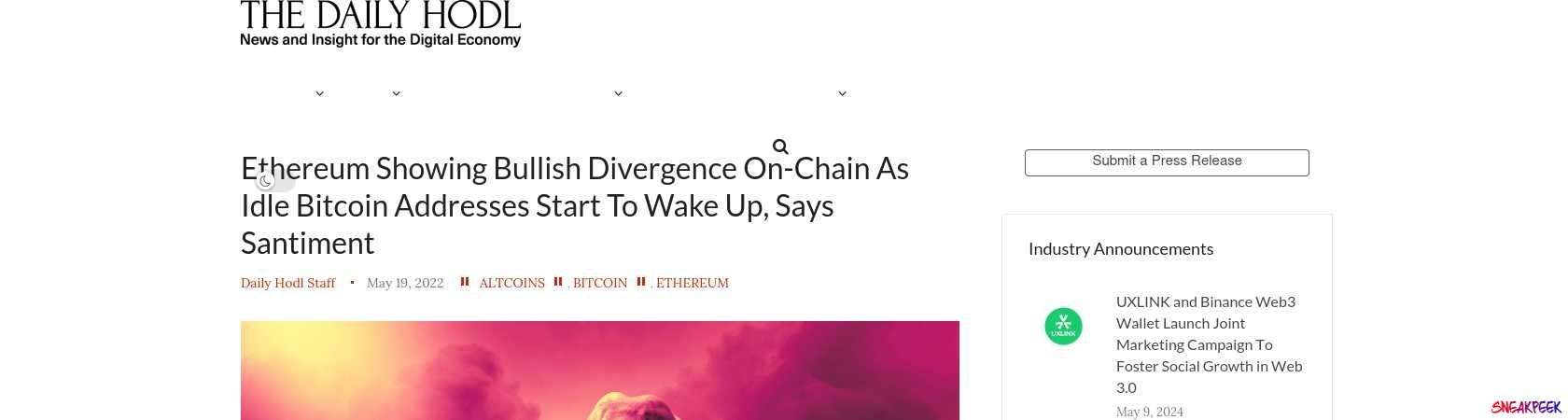 Read the full Article:  ⭲ Ethereum Showing Bullish Divergence On-Chain As Idle Bitcoin Addresses Start To Wake Up, Says Santiment