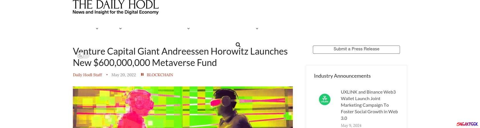 Read the full Article:  ⭲ Venture Capital Giant Andreessen Horowitz Launches New $600,000,000 Metaverse Fund
