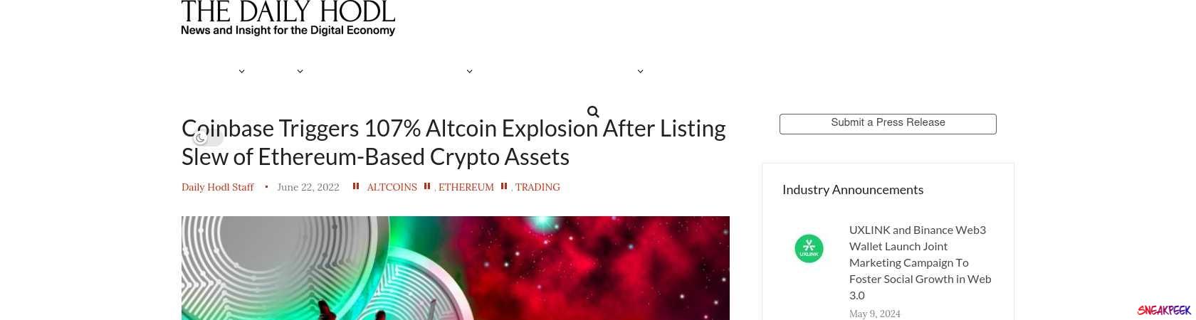 Read the full Article:  ⭲ Coinbase Triggers 107% Altcoin Explosion After Listing Slew of Ethereum-Based Crypto Assets