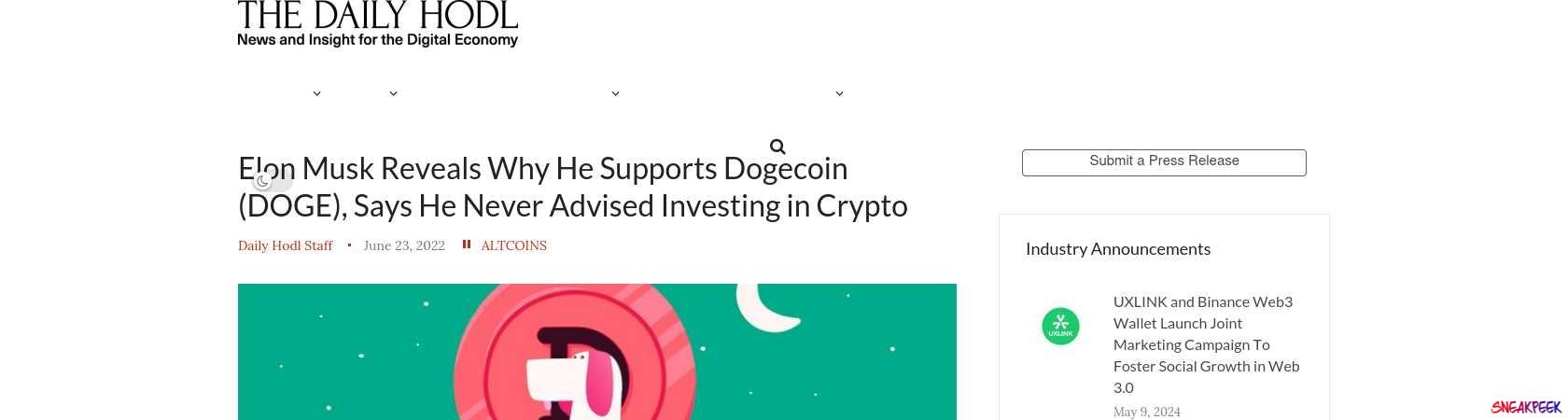 Read the full Article:  ⭲ Elon Musk Reveals Why He Supports Dogecoin (DOGE), Says He Never Advised Investing in Crypto