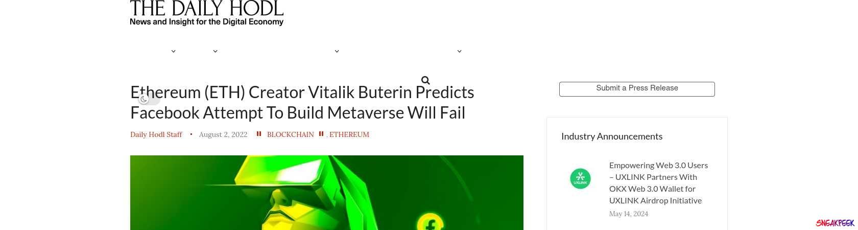 Read the full Article:  ⭲ Ethereum (ETH) Creator Vitalik Buterin Predicts Facebook Attempt To Build Metaverse Will Fail