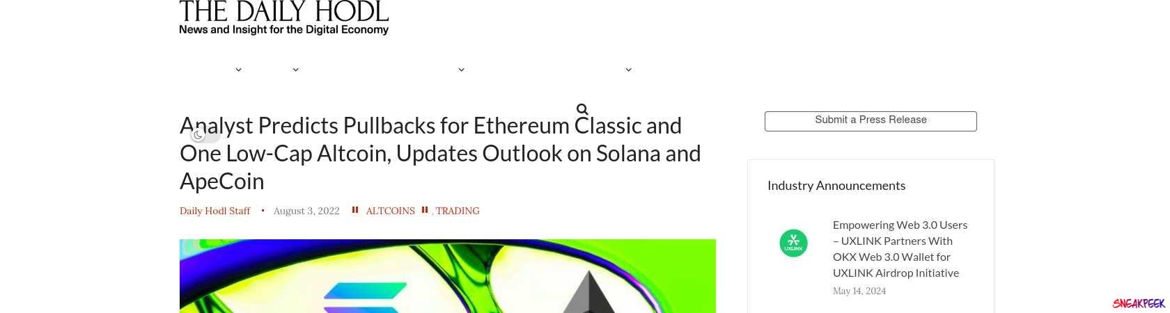 Read the full Article:  ⭲ Analyst Predicts Pullbacks for Ethereum Classic and One Low-Cap Altcoin, Updates Outlook on Solana and ApeCoin