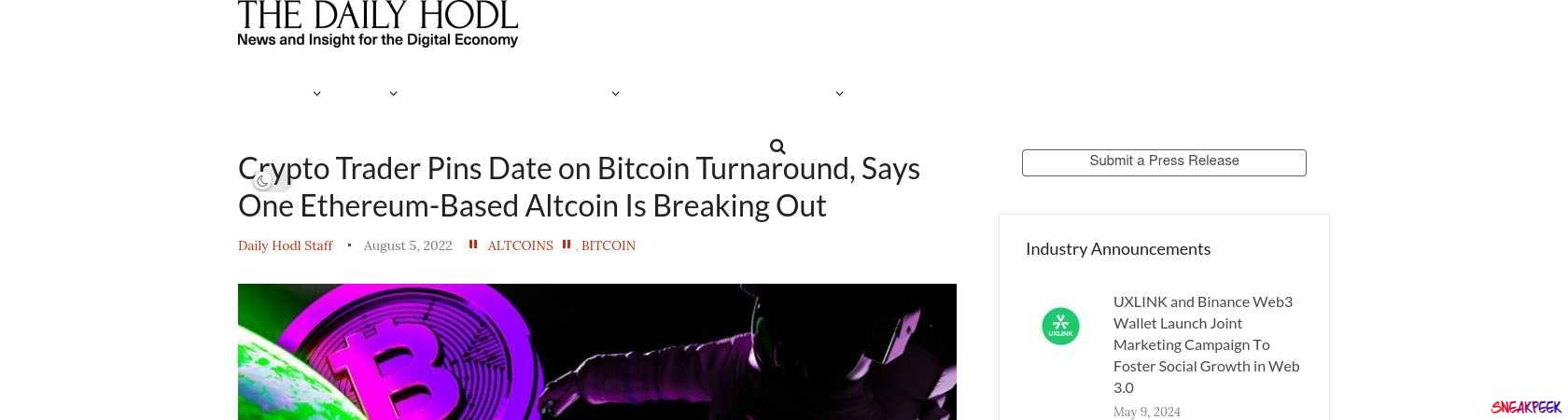 Read the full Article:  ⭲ Crypto Trader Pins Date on Bitcoin Turnaround, Says One Ethereum-Based Altcoin Is Breaking Out