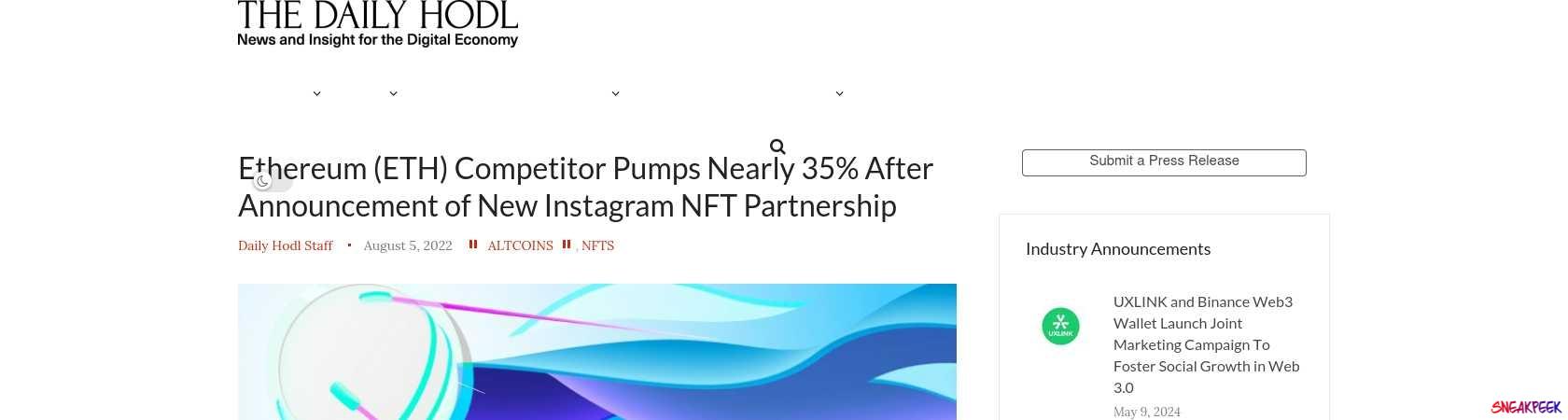 Read the full Article:  ⭲ Ethereum (ETH) Competitor Pumps Nearly 35% After Announcement of New Instagram NFT Partnership