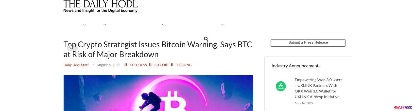 Read the full Article:  ⭲ Top Crypto Strategist Issues Bitcoin Warning, Says BTC at Risk of Major Breakdown