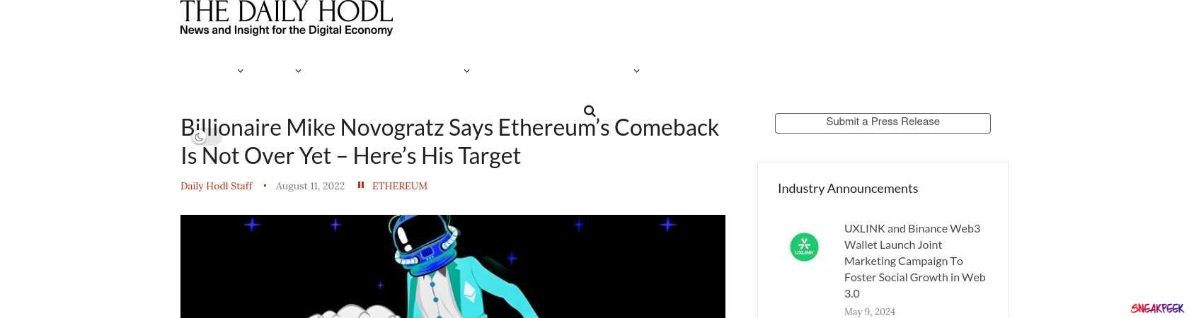 Read the full Article:  ⭲ Billionaire Mike Novogratz Says Ethereum’s Comeback Is Not Over Yet – Here’s His Target