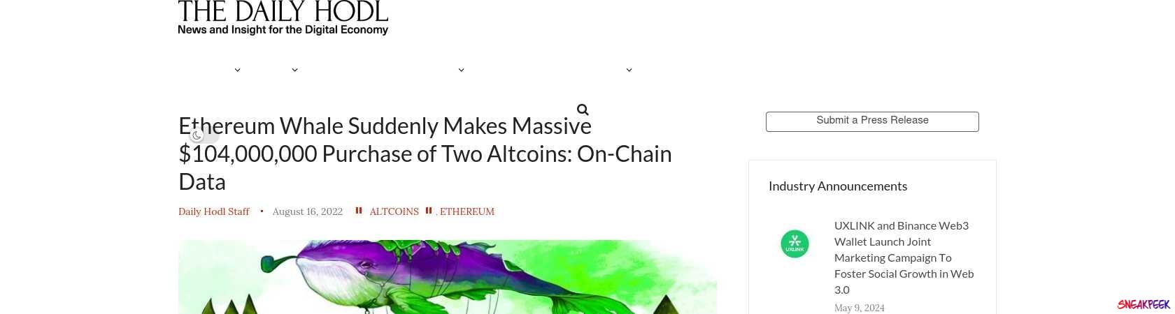 Read the full Article:  ⭲ Ethereum Whale Suddenly Makes Massive $104,000,000 Purchase of Two Altcoins: On-Chain Data