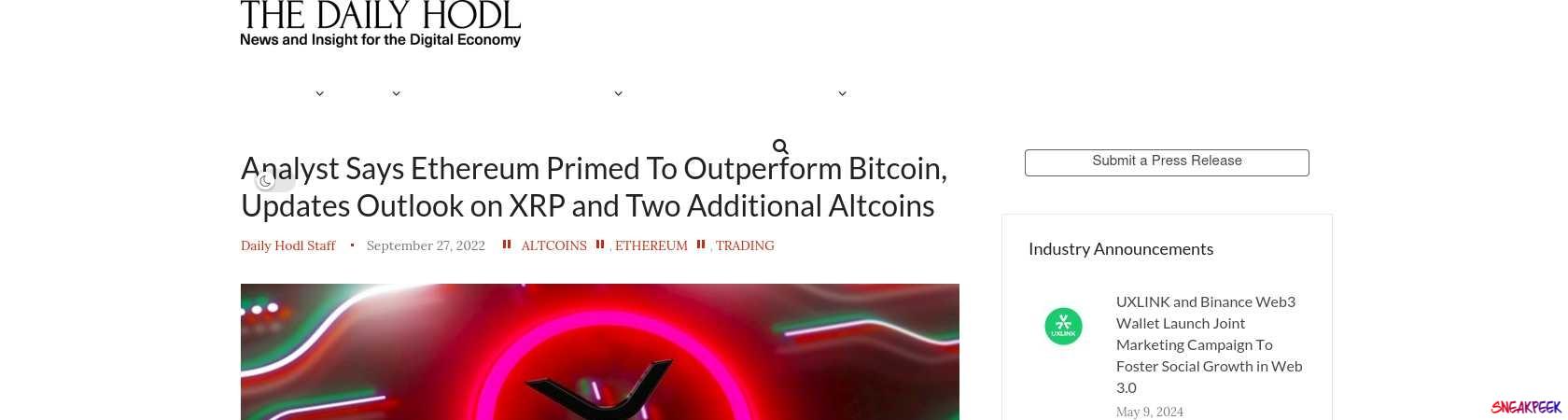 Read the full Article:  ⭲ Analyst Says Ethereum Primed To Outperform Bitcoin, Updates Outlook on XRP and Two Additional Altcoins